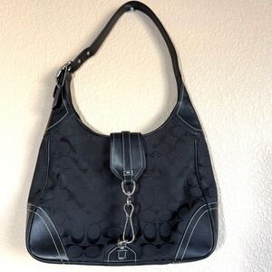 COACH Y2K Vintage Hampton Black Leather Trimmed Hobo Bag C Logo Shoulder Strap